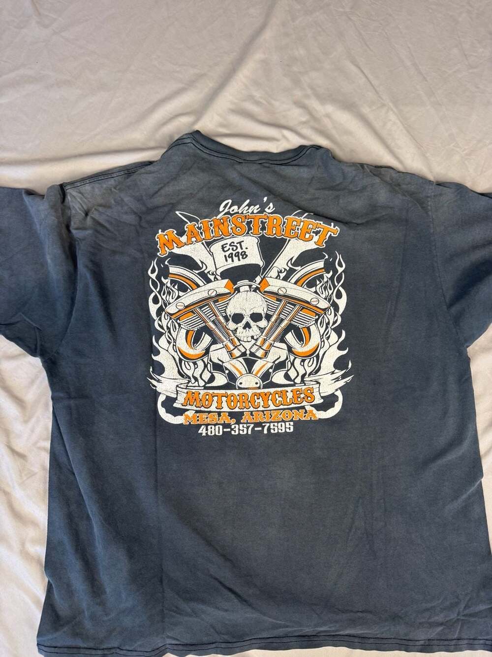 Vintage John's Mainstreet Motorcycles Mesa Arizona Skull Engine Double Sided T-S